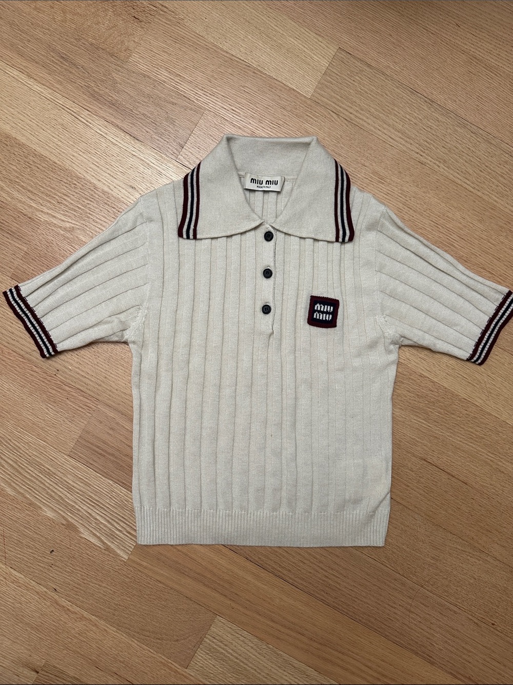 Miu Miu Cream Knit Polo with Burgundy Trim size 36